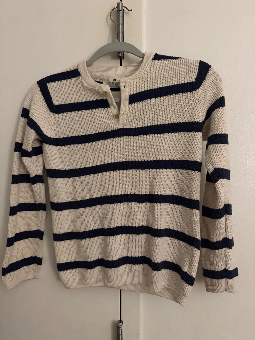 H&M kid’s Cream and Navy Striped Crewneck Henley Sweater